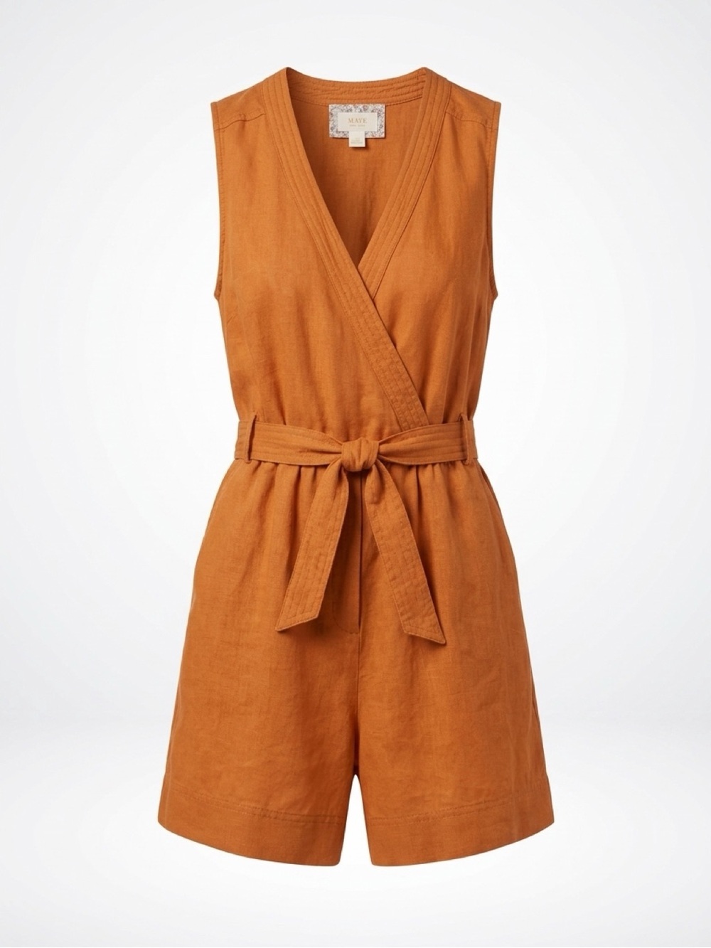 Anthropologie Maeve Rust Orange Linen Blend Wrap Romper Belted Size Small